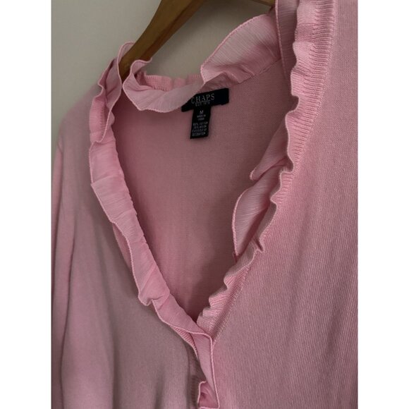 Chaps Pink Ruffle Cardigan Cotton Sweater Button Lightweight Medium Romantic - Picture 4 of 11